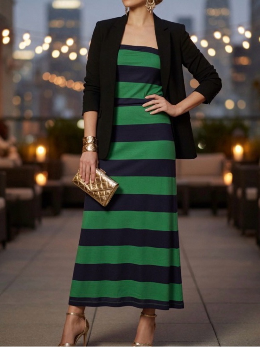 Gap Striped Strapless Maxi Dress in Green and Navy